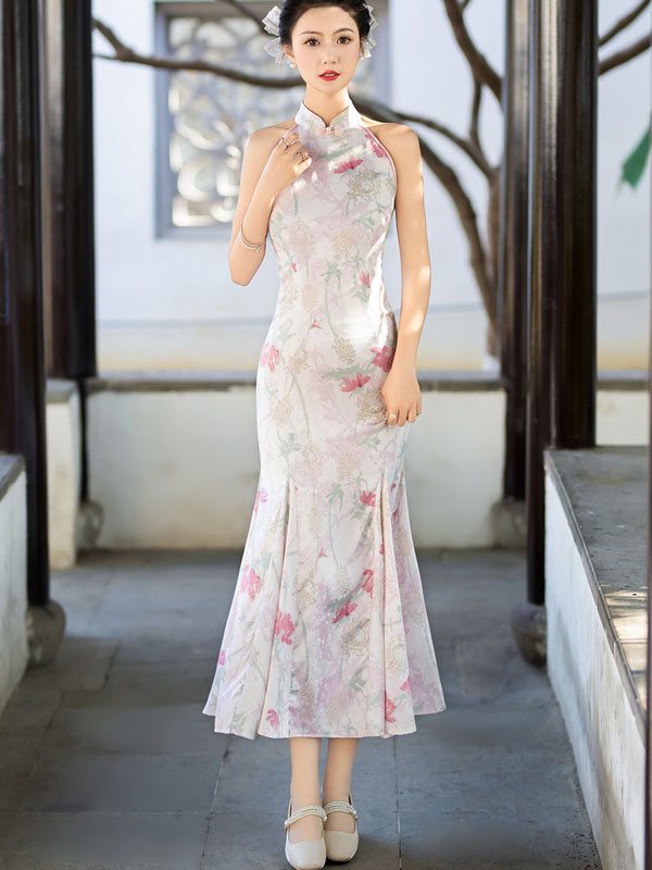 Floral Print Halter Fishtail Qipao Cheongsam Dress