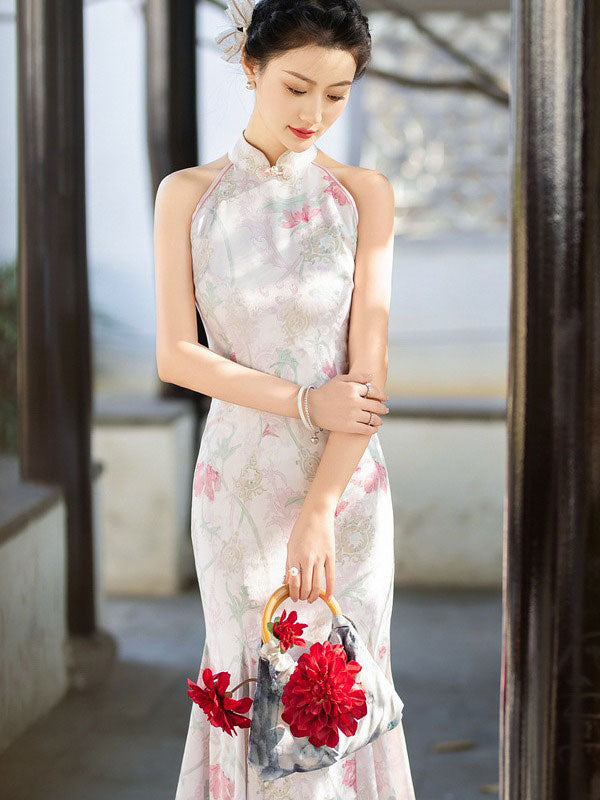 Floral Print Halter Fishtail Qipao Cheongsam Dress