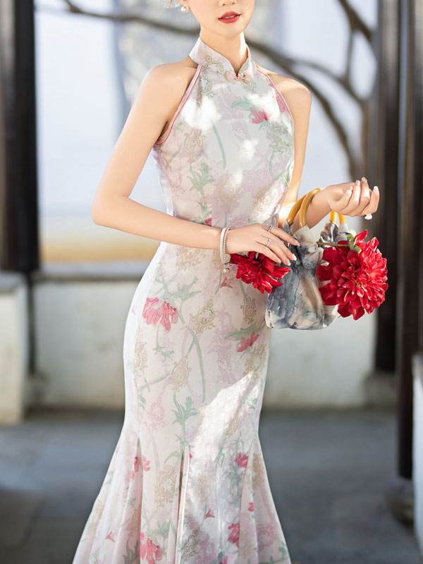 Floral Print Halter Fishtail Qipao Cheongsam Dress