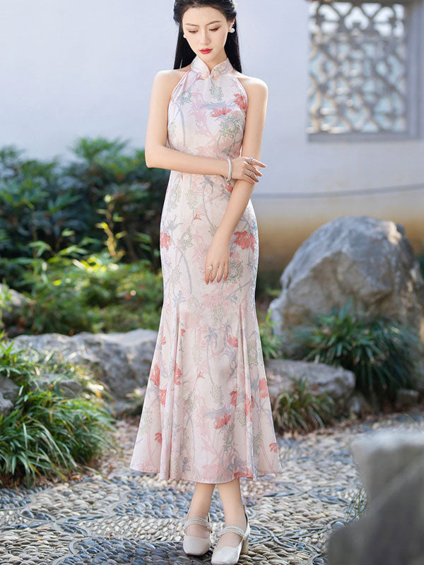 Floral Print Halter Fishtail Qipao Cheongsam Dress
