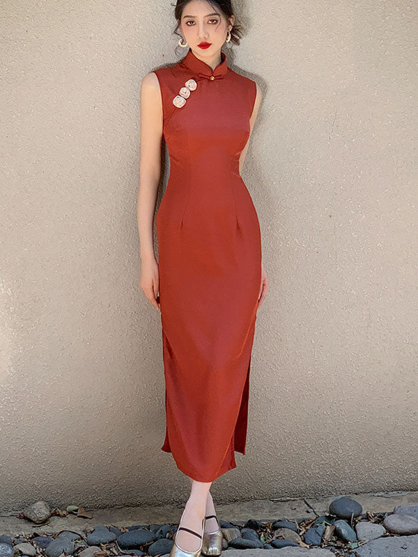 Orange Appliques Long Qipao Cheongsam Dress