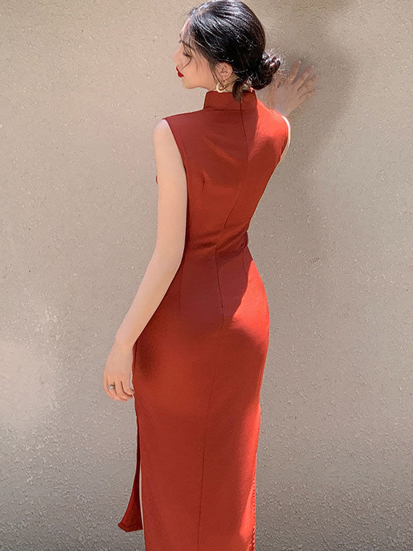 Orange Appliques Long Qipao Cheongsam Dress
