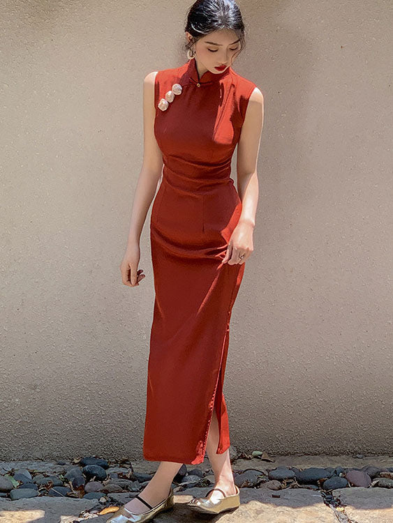 Orange Appliques Long Qipao Cheongsam Dress