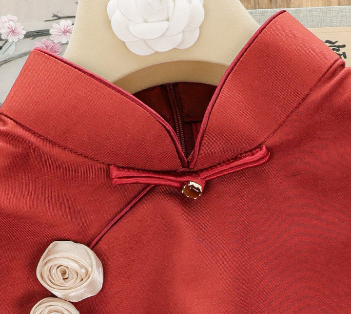 Orange Appliques Long Qipao Cheongsam Dress