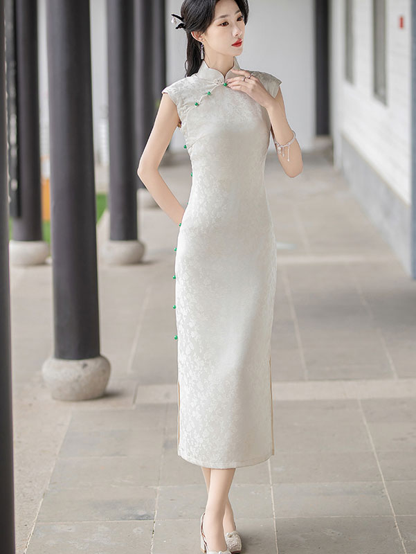 White Jacquard Floral Long Cheongsam Qipao Dress
