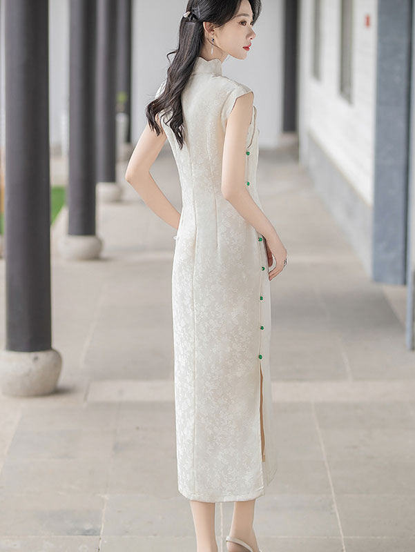 White Jacquard Floral Long Cheongsam Qipao Dress