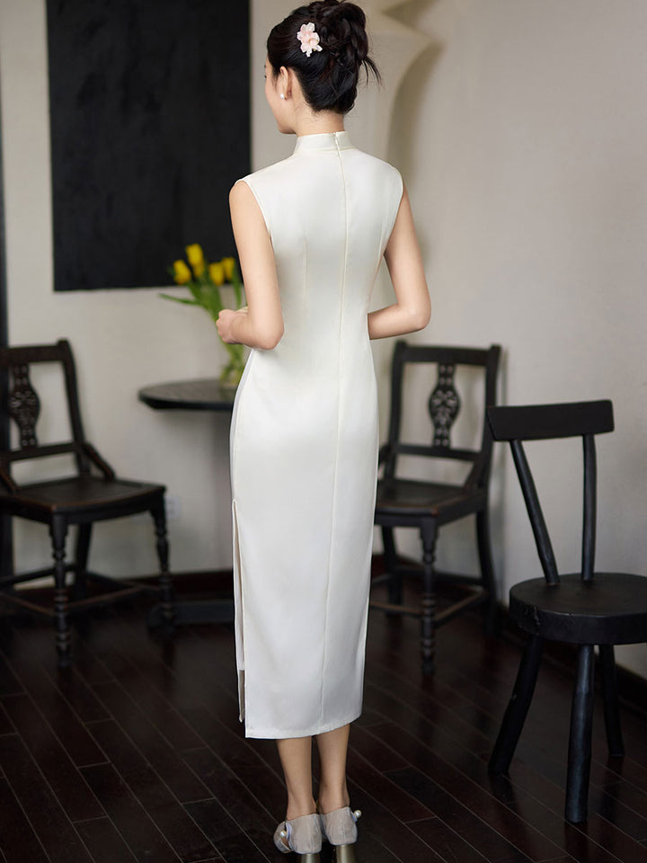 White Embroidered Long Cheongsam Qipao Dress
