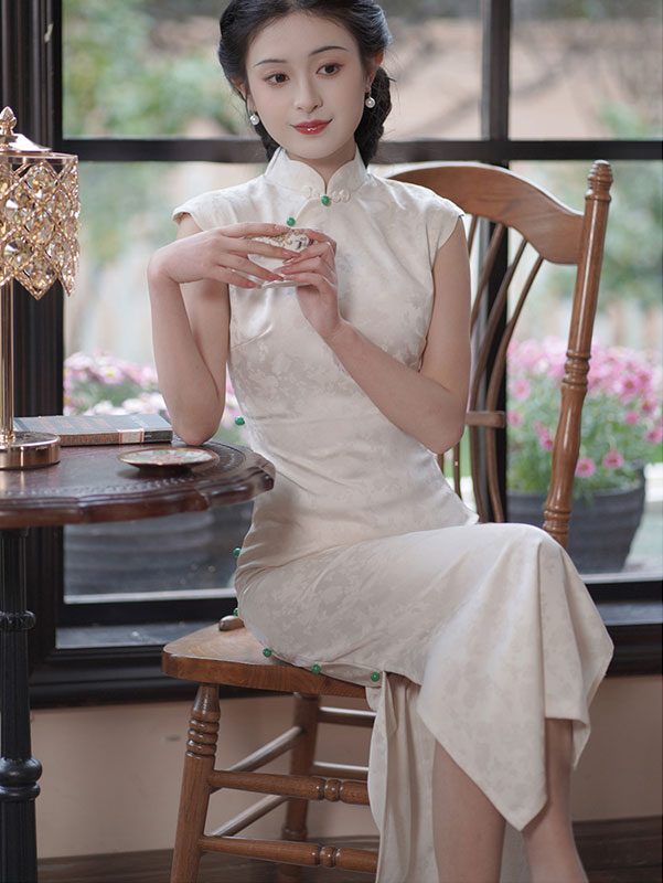White Jacquard Floral Long Cheongsam Qipao Dress