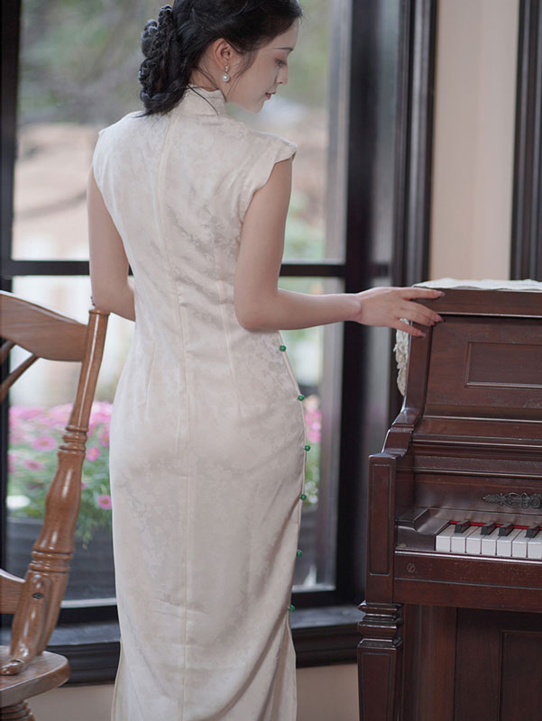 White Jacquard Floral Long Cheongsam Qipao Dress