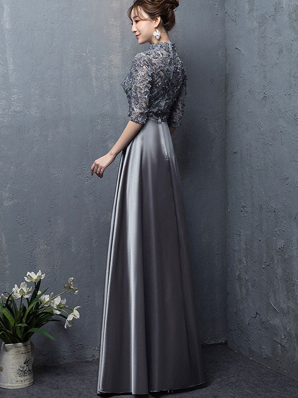 Gray Appliques A-line Maxi Cheongsam Qipao Dress