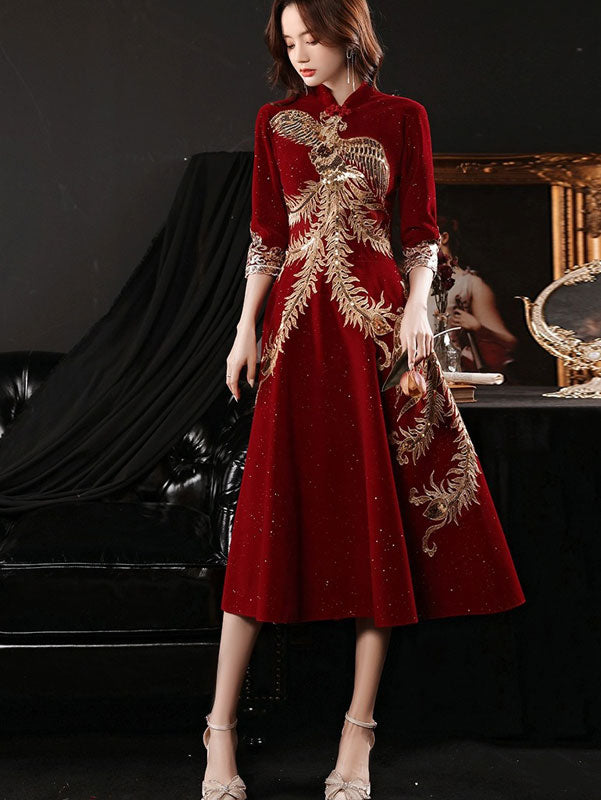 Burgundy Shimmer Phoenix A-line Cheongsam Qipao Dress