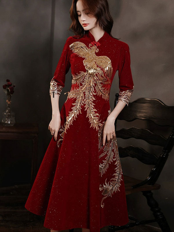 Burgundy Shimmer Phoenix A-line Cheongsam Qipao Dress