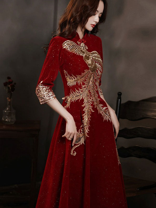 Burgundy Shimmer Phoenix A-line Cheongsam Qipao Dress