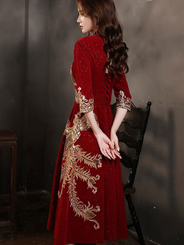 Burgundy Shimmer Phoenix A-line Cheongsam Qipao Dress