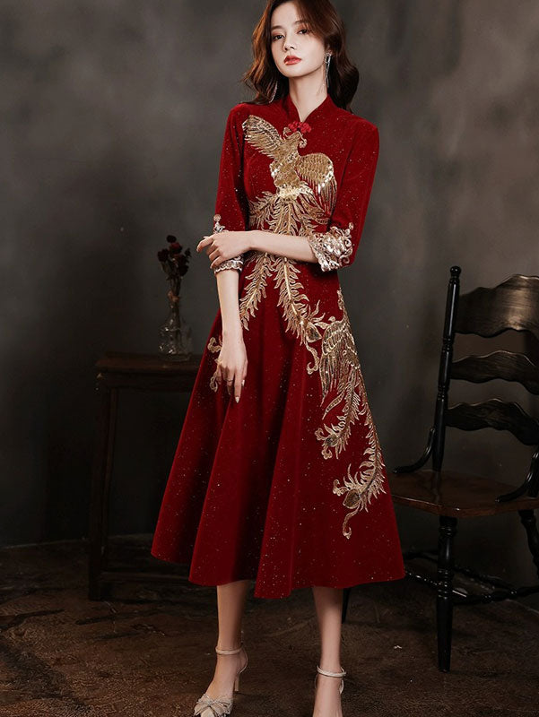 Burgundy Shimmer Phoenix A-line Cheongsam Qipao Dress