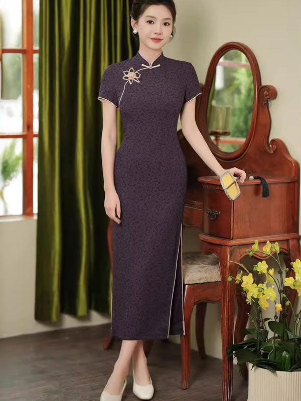 Purple Black Jacquard Floral Qipao Cheongsam Dress