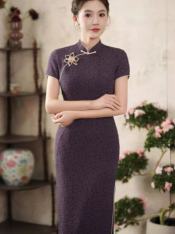 Purple Black Jacquard Floral Qipao Cheongsam Dress
