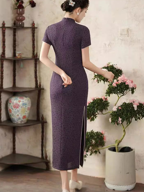 Purple Black Jacquard Floral Qipao Cheongsam Dress