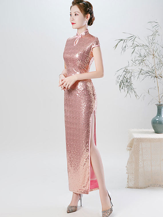 Pink Gold Sequins Long Qipao Cheongsam Evening Dress