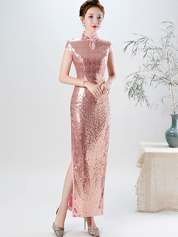 Pink Gold Sequins Long Qipao Cheongsam Evening Dress