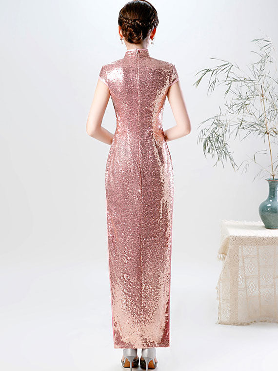 Pink Gold Sequins Long Qipao Cheongsam Evening Dress