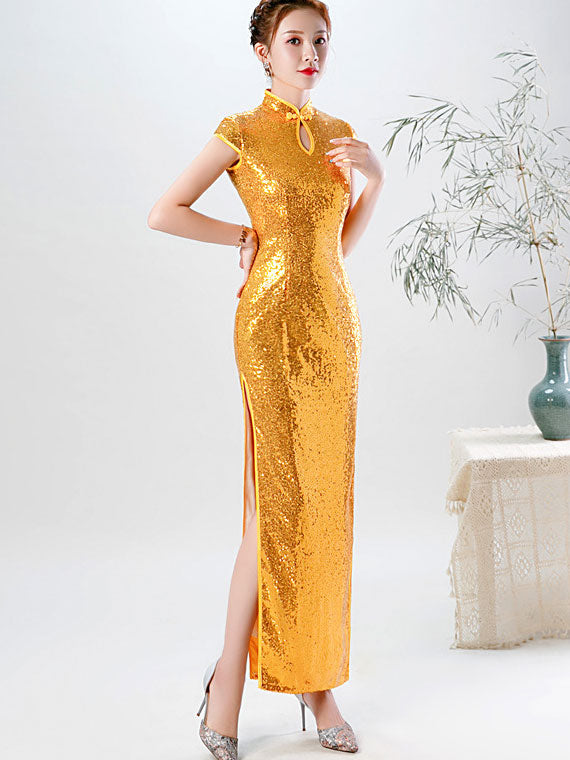 Pink Gold Sequins Long Qipao Cheongsam Evening Dress