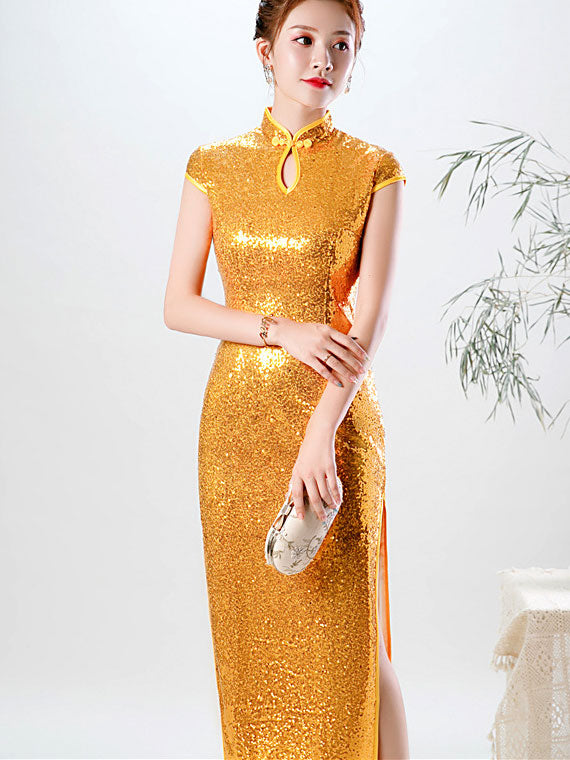 Pink Gold Sequins Long Qipao Cheongsam Evening Dress