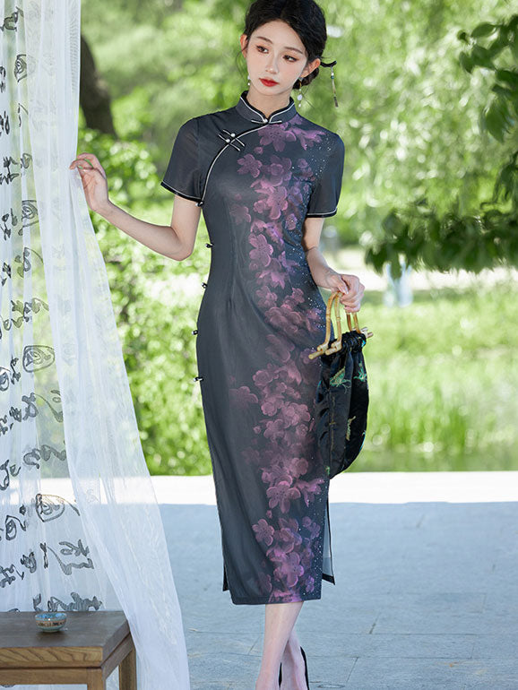 Black Floral Maxi Cheongsam Qipao Dress