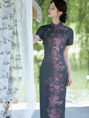 Black Floral Maxi Cheongsam Qipao Dress