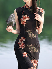 Black Floral Sleeveless Cheongsam Qipao Dress