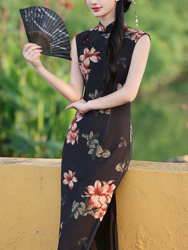 Black Floral Sleeveless Cheongsam Qipao Dress