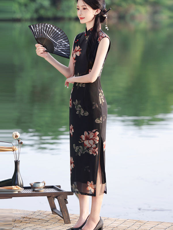 Black Floral Sleeveless Cheongsam Qipao Dress