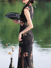 Black Floral Sleeveless Cheongsam Qipao Dress