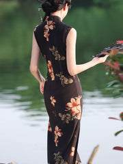 Black Floral Sleeveless Cheongsam Qipao Dress