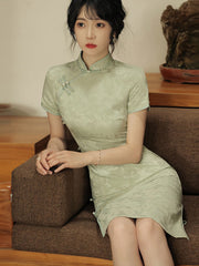 Green Crane Bird Midi Cheongsam Qipao Dress