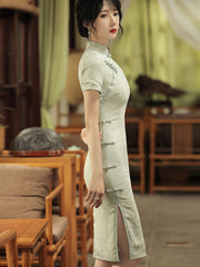 Green Crane Bird Midi Cheongsam Qipao Dress