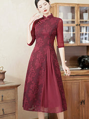 Blue Burgundy Jacquard Mothers Midi A-Line Cheongsam Qipao Dress