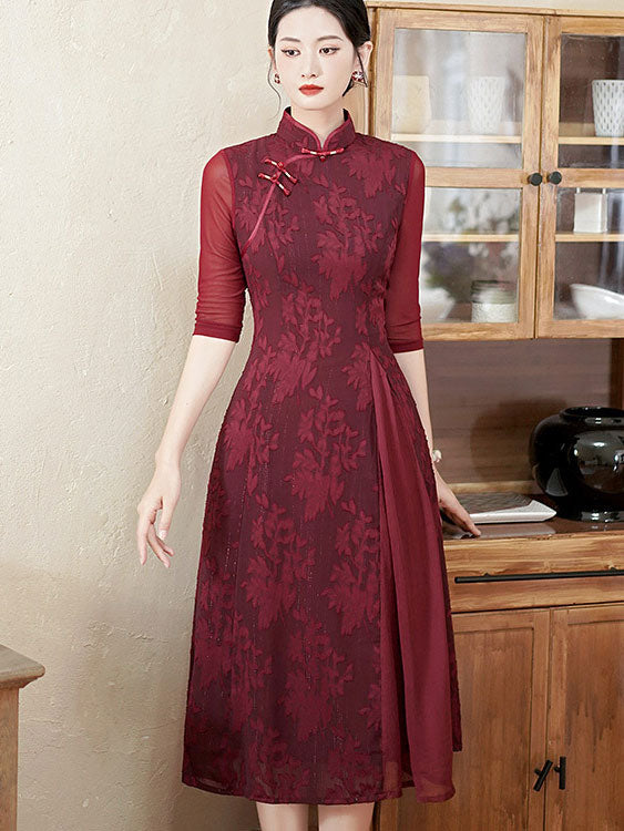 Blue Burgundy Jacquard Mothers Midi A-Line Cheongsam Qipao Dress