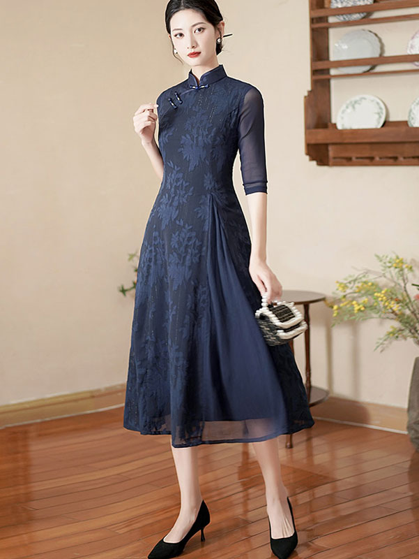 Blue Burgundy Jacquard Mothers Midi A-Line Cheongsam Dress