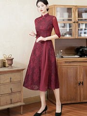 Blue Burgundy Jacquard Mothers Midi A-Line Cheongsam Dress