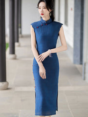 Blue Sleeveless Long Cheongsam Qipao Dress