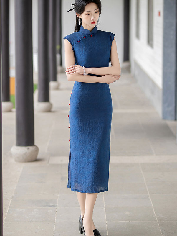 Blue Sleeveless Long Cheongsam Qipao Dress