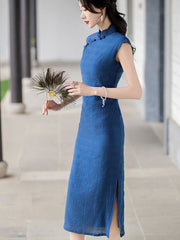 Blue Sleeveless Long Cheongsam Qipao Dress