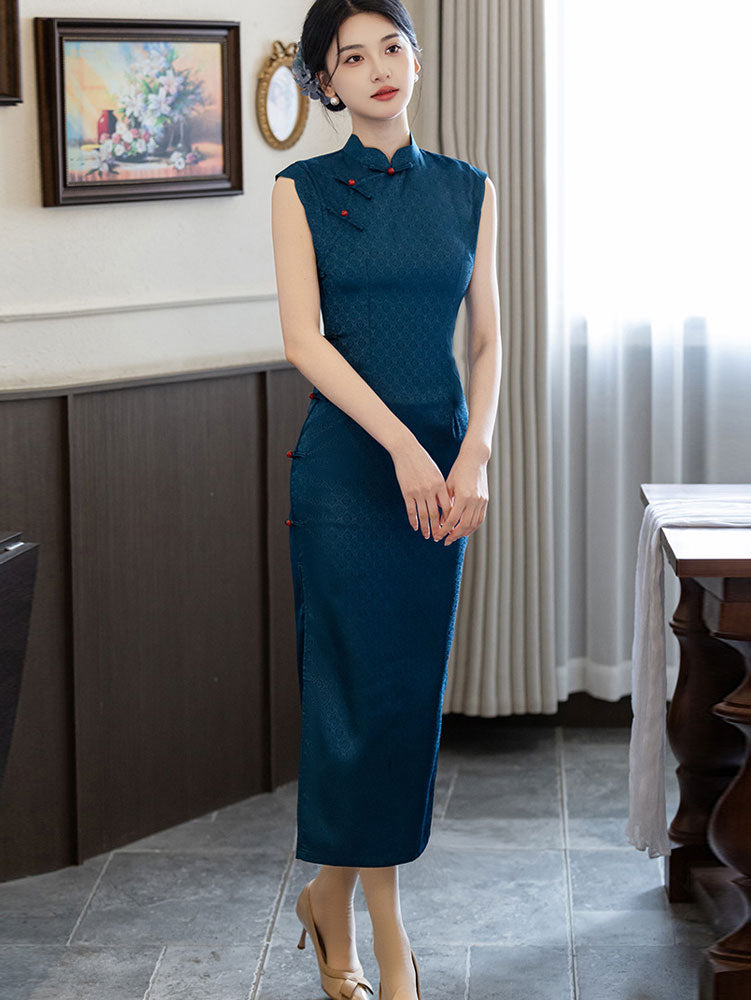 Blue Sleeveless Long Cheongsam Qipao Dress