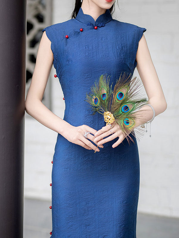 Blue Sleeveless Long Cheongsam Qipao Dress