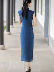 Blue Sleeveless Long Cheongsam Qipao Dress