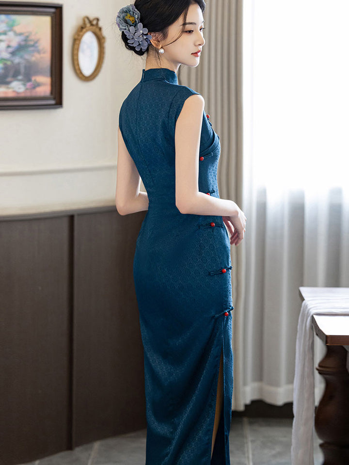 Blue Sleeveless Long Cheongsam Qipao Dress