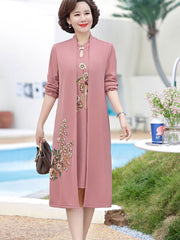 2 Pieces Embroidered Knit Mothers Cheongsam Dress & Top