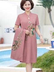 2 Pieces Embroidered Knit Mothers Cheongsam Dress & Top