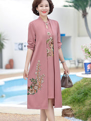 2 Pieces Embroidered Knit Mothers Cheongsam Dress & Top